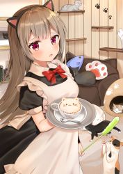 Rule 34 | 1girl, :o, animal, animal ears, apron, black dress, black hairband, blush, bow, bowtie, breasts, brown hair, cat, cat ears, collared dress, commentary request, couch, cup, dress, fake animal ears, fang, frilled apron, frills, hairband, highres, holding, holding tray, indoors, katsushika pachi, long hair, looking at viewer, maid, maid headdress, original, parted lips, plant, puffy short sleeves, puffy sleeves, purple eyes, red bow, red bowtie, saucer, short sleeves, small breasts, solo, spoon, standing, tray, very long hair, white apron, wooden wall, wrist cuffs