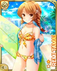 Rule 34 | 1girl, beach, bikini, blue coat, brown eyes, brown hair, card (medium), closed mouth, coat, day, girlfriend (kari), looking at viewer, low twintails, ocean, official art, outdoors, qp:flapper, smile, solo, standing, surfboard, swimsuit, tagme, tamai remi, tropical, twintails, yellow bikini