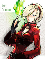 Rule 34 | 1girl, ash crimson, bad id, bad pixiv id, belt, blonde hair, blue eyes, blush, breasts, character name, cleavage, face, fingerless gloves, fingernails, fire, fire, freckles, genderswap, genderswap (mtf), gloves, green fire, hair over one eye, hairband, hand on own hip, kkaiju, lipstick, long fingernails, makeup, medium breasts, nail polish, open clothes, open mouth, open shirt, pyrokinesis, shirt, short hair, sitting, sleeves past wrists, smile, snk, solo, the king of fighters, unzipped, wide sleeves
