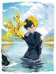 Rule 34 | bishounen, black hair, blue sky, branch, cloud, cowboy shot, flower, flower over eye, from behind, hair flower, hair ornament, highres, limbus company, looking at viewer, looking back, male focus, one eye covered, outdoors, project moon, river, short hair, sky, smile, tree, y0ru73, yellow eyes, yi sang (project moon)