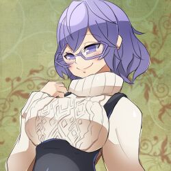 1girl black_overalls breasts digimon digimon_world_re:digitize glass large_breasts mikagura_mirei overalls purple_eyes purple_hair roy_payne short_hair solo sweater upper_body white_sweater