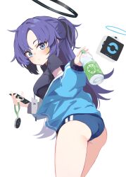 Rule 34 | 1girl, ass, blue archive, cube, ep, gym uniform, highres, id card, kiomota, ponytail, solo, sticker on face, stopwatch, watch, white background, yuuka (blue archive), yuuka (track) (blue archive)