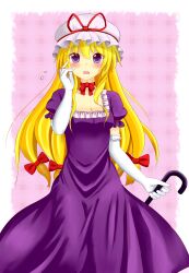 Rule 34 | 1girl, blonde hair, blush, bow, breasts, choker, cleavage, commentary request, dress, elbow gloves, gloves, hair bow, hat, hat ribbon, highres, holding, holding umbrella, long hair, looking at viewer, multiple hair bows, open mouth, purple dress, purple eyes, red bow, red ribbon, ribbon, ribbon choker, short sleeves, solo, suigetsu (watermoon-910), touhou, umbrella, white gloves, yakumo yukari