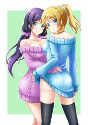 Rule 34 | 10s, 2girls, 7nanappe, :d, aran sweater, ass, ayase eli, bare shoulders, black legwear, blonde hair, blue eyes, blush, breasts, cable knit, cleavage, clothes lift, collarbone, from behind, green eyes, grin, hair ornament, hair scrunchie, head tilt, highres, hug, jewelry, large breasts, lifted by self, long hair, long sleeves, love live!, love live! school idol festival, love live! school idol project, low twintails, multiple girls, necklace, no pants, off-shoulder, off-shoulder sweater, off shoulder, open mouth, ponytail, purple hair, ribbed sweater, scrunchie, smile, sweater, sweater lift, tareme, teasing, thighhighs, tojo nozomi, twintails, very long hair, yuri