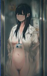 Rule 34 | 1girl, absurdres, areola slip, black eyes, blush, breasts, cowboy shot, female pubic hair, groin, hands in pockets, highres, id card, indoors, lab coat, lab coat, lanyard, long hair, looking at viewer, medium breasts, naked labcoat, name tag, navel, original, pubic hair, solo, tenpanco, textless version