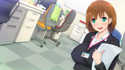 Rule 34 | 1girl, blush, breasts, brown hair, chair, female focus, green eyes, large breasts, office, office chair, open mouth, short hair, solo, someoka yusura, swivel chair, upper body