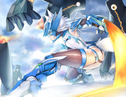 Rule 34 | 1girl, animal ears, ass, bad perspective, black gloves, black thighhighs, deep wound, energy blade, fighting, full body, gloves, helmet, hoshara, injury, long hair, mecha musume, monster, original, spiked hair, tail, thighhighs, thighs, weapon, white hair, wolf ears, wolf tail, yellow eyes