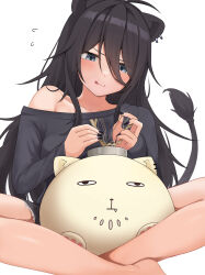 Rule 34 | 1girl, :3, absurdres, ahoge, alternate costume, alternate hair color, animal ears, black hair, black nails, black shirt, black shorts, black tail, blush, breasts, collarbone, earrings, eyes visible through hair, grey eyes, hair between eyes, highres, holding, holding string, hololive, indian style, jewelry, light blush, lion ears, lion tail, long bangs, long hair, long sleeves, medium breasts, micon, multiple earrings, shirt, shishiro botan, short shorts, shorts, sidelocks, simple background, single off shoulder, sitting, solo, ssrb (shishiro botan), string, sweatdrop, tail, tongue, tongue out, virtual youtuber, white background
