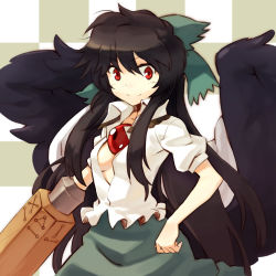 Rule 34 | 1girl, arm cannon, black hair, breasts, brown hair, cape, checkered background, female focus, long hair, nerugal, no bra, open clothes, open mouth, open shirt, red eyes, reiuji utsuho, shirt, smile, solo, third eye, touhou, upper body, very long hair, weapon, wings