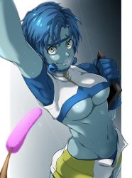 Rule 34 | 1girl, armpits, arms up, blue gloves, blue hair, blue skin, boku no hero academia, breasts, bubble girl (boku no hero academia), colored skin, covered erect nipples, crop top, diving mask, gloves, goggles, groin, highres, medium breasts, midriff, navel, pretty-purin720, short sleeves, sideboob, smile, underboob