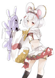Rule 34 | 1girl, animal ears, blush, bow, collared shirt, granblue fantasy, hair bow, hair ornament, hairclip, hand up, heart, holding, long hair, long sleeves, midriff, mouse ears, musical note, naik, navel, pleated skirt, red eyes, ship&#039;s wheel, shirt, silver hair, simple background, skirt, sleeves past wrists, solo, steamboat willie, vikala (granblue fantasy), white background, white bow, white shirt, white skirt