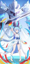 Rule 34 | 1girl, :d, absurdres, ahoge, armor, barefoot, beret, blue hair, dress, full body, griseo, griseo (starry impression), hair ornament, hat, highres, holding, holding brush, holding shield, holding sword, holding weapon, honkai (series), honkai impact 3rd, long hair, looking at viewer, open mouth, palette (object), purple eyes, shield, sleeveless, sleeveless dress, smile, solo, sword, toes, twintails, wanzituanzimax, weapon, white dress