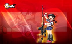 Rule 34 | animal ears, bandaid, black hair, brown eyes, cat ears, child, clothes, copyright name, full body, gun, happy, highres, open mouth, paper man, red theme, rifle, skirt, sniper rifle, wallpaper, weapon, zoom layer