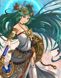 Rule 34 | 1girl, ancient greek clothes, bare shoulders, chiton, cowboy shot, forehead jewel, green eyes, green hair, highres, holding, holding staff, jewelry, kid icarus, kid icarus uprising, long hair, looking at viewer, nintendo, palutena, pendant, shield, smile, solo, staff, stoic seraphim, very long hair