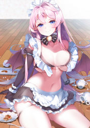 Rule 34 | 1girl, apron, bell, bikini, bikini top only, black bikini, blue eyes, blush, breasts, bridal garter, choker, cleavage, cookie, cup, demon girl, demon wings, detached collar, elbow gloves, floor, food, frilled apron, frilled bikini, frilled choker, frills, gloves, heart, heart-shaped pupils, highres, indoors, kanola u, large breasts, long hair, looking at viewer, maid, maid apron, maid bikini, maid headdress, navel, neck bell, on floor, original, pink hair, pointy ears, skindentation, smile, solo, swimsuit, symbol-shaped pupils, tea, tea set, teacup, teapot, thigh strap, tray, unconventional maid, waist apron, white apron, wings, wooden floor
