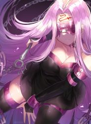 Rule 34 | 1girl, absurdres, bare shoulders, black sleeves, black thighhighs, blindfold, breasts, chain, cleavage, collar, collarbone, detached sleeves, dress, expressionless, eye mask, facial mark, facing viewer, fate/stay night, fate (series), floating hair, forehead mark, from above, highres, holding, holding weapon, kanniiepan, large breasts, long hair, long sleeves, medusa (fate), medusa (rider) (fate), pink collar, purple eyes, purple hair, short dress, solo, strapless, strapless dress, thighhighs, very long hair, weapon
