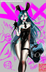 Rule 34 | 1girl, absurdres, animal ears, arm tattoo, bare shoulders, blue hair, detached collar, fake animal ears, gloves, highres, jinx (league of legends), league of legends, lipstick, long hair, makeup, middle finger, pink eyes, playboy bunny, rabbit ears, rabbit tail, tail, tattoo, weapon