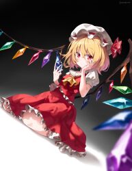 Rule 34 | 1girl, absurdres, ascot, blonde hair, blush, crystal, dress, dutch angle, europa1444, flandre scarlet, full body, hat, highres, looking at viewer, medium hair, red eyes, side ponytail, sitting, solo, sparkle, touhou, wariza, yellow ascot