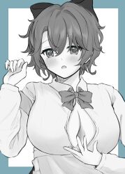 Rule 34 | 1girl, bajimari, blush, bow, bowtie, breasts, brown dust 2, cleavage, collared shirt, eyebrows hidden by hair, finger between breasts, greyscale, hair between eyes, hair ribbon, highres, large breasts, looking at viewer, monochrome, open mouth, partially unbuttoned, ribbon, school uniform, shirt, short hair, simple background, solo, teresse (brown dust), upper body