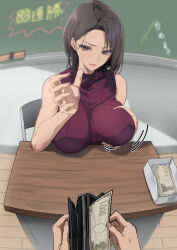 Rule 34 | 1girl, arm wrestling, banknote, breast hold, breast lift, breasts, elbows on table, grabbing, grabbing own breast, hand on table, holding, holding money, huge breasts, kesoshirou, large breasts, money, original, sleeveless, table, tagme
