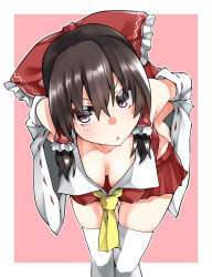Rule 34 | 1girl, ascot, black hair, bow, breasts, cleavage, downblouse, hair between eyes, hair bow, hair tubes, hakurei reimu, hanging breasts, highres, kz oji, leaning forward, looking at viewer, medium breasts, miniskirt, no bra, pink background, red bow, red skirt, ribbon-trimmed sleeves, ribbon trim, side ponytail, skirt, skirt set, solo, standing, thigh gap, thighhighs, touhou, white thighhighs