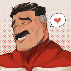 Rule 34 | 1boy, absurdres, bara, black hair, camerion camill, closed eyes, facial hair, heart, highres, invincible (series), male focus, mature male, multicolored hair, muscular, muscular male, mustache, old, old man, omni-man, portrait, short hair, sideburns, smile, solo, spoken heart, two-tone hair, wrinkled skin