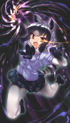 Rule 34 | 1girl, animal ear fluff, animal ears, aura, black bow, black bowtie, black footwear, black hair, black skirt, blue shirt, bow, bowtie, clenched hands, common raccoon (kemono friends), elbow gloves, extra ears, fang, full body, fur trim, gloves, glowing, glowing eyes, grey hair, highres, jumping, kemono friends, multicolored hair, open mouth, orange eyes, pantyhose, pleated skirt, puffy short sleeves, puffy sleeves, punching, raccoon ears, raccoon girl, raccoon tail, shirt, shoes, short hair, short sleeves, skirt, solo, tadano magu, tail, v-shaped eyebrows, white hair