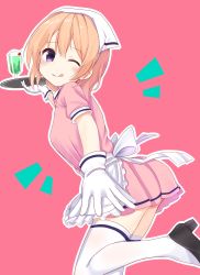 Rule 34 | 1girl, ;q, absurdres, apron, black footwear, blend s, blush, closed mouth, commentary request, cosplay, frilled apron, frills, gloves, gochuumon wa usagi desu ka?, hair between eyes, hanakoizumi yoruno, head scarf, head tilt, high heels, highres, holding, holding tray, hoto cocoa, light brown hair, looking at viewer, looking to the side, manga time kirara, one eye closed, pink background, pink shirt, pink skirt, pleated skirt, sakuranomiya maika, sakuranomiya maika (cosplay), shirt, short sleeves, simple background, skirt, smile, solo, standing, standing on one leg, thighhighs, tongue, tongue out, tray, uniform, waist apron, waitress, white apron, white gloves, white thighhighs