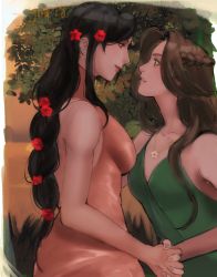 Rule 34 | 2girls, aerith gainsborough, bare arms, black hair, braid, breasts, brown hair, dress, final fantasy, final fantasy vii, flower, flower necklace, green dress, green eyes, hair flower, hair ornament, highres, holding hands, jewelry, large breasts, leaf, long sleeves, multiple girls, necklace, parted bangs, pink dress, profile, red eyes, smile, square enix, tifa lockhart, yuri