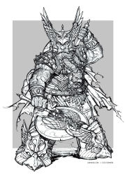 Rule 34 | 1boy, arm hair, armor, armored boots, axe, belt, boots, braid, braided beard, breastplate, cape, closed mouth, commentary, dual wielding, dwarf, english commentary, facial hair, full body, greyscale, helmet, highres, holding, holding axe, limha lekan, looking at viewer, male focus, monochrome, official art, solo, soulless, standing, vrockhley, winged helmet