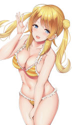 Rule 34 | 1girl, :d, ahoge, asymmetrical bangs, between legs, bikini, blonde hair, blue eyes, breasts, cleavage, collarbone, double bun, frilled bikini, frills, hachimiya meguru, hair bun, hand between legs, hand up, highres, idolmaster, idolmaster shiny colors, large breasts, long hair, looking at viewer, navel, noeomi, open mouth, smile, solo, swimsuit, teeth, twintails, upper teeth only, waving, white background, yellow bikini