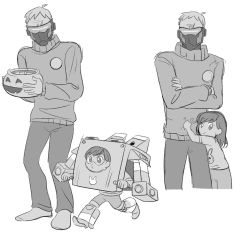 Rule 34 | 1boy, 1girl, aged down, animal print, bad id, bad twitter id, box, candy, cardboard box, cardboard box gundam, character sheet, child, closed mouth, covered mouth, crossed arms, d.va (overwatch), food, goggles, greyscale, halloween, holding, hug, jocheong, long sleeves, mask, meka (overwatch), monochrome, mouth mask, overwatch, overwatch 1, pants, rabbit print, ribbed sweater, running, scar, scar across eye, scar on face, shirt, short sleeves, shorts, simple background, soldier: 76 (overwatch), sweater, visor, white background, white hair