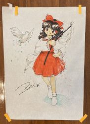 Rule 34 | bird, bow, brown eyes, brown hair, closed mouth, collared shirt, commentary request, detached sleeves, frilled bow, frilled hair tubes, frilled skirt, frills, full body, gohei, hair bow, hair tubes, hakurei reimu, hand on own hip, head tilt, highres, holding, holding stick, no shoes, photo (medium), red bow, red ribbon, red shirt, red skirt, ribbon, ribbon-trimmed sleeves, ribbon trim, shirt, signature, skirt, skirt set, sleeveless, sleeveless shirt, smile, socks, stick, touhou, traditional media, white bird, white socks, zun (artist)