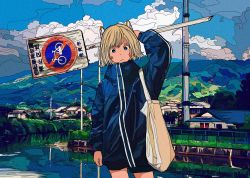 Rule 34 | 1girl, animal ears, arm up, bad id, bad twitter id, bag, blonde hair, blue eyes, blue jacket, blue sky, building, closed mouth, cowboy shot, day, fence, film grain, harusameriburo, highres, hill, holding, holding sign, house, jacket, long sleeves, looking at viewer, original, outdoors, photo-referenced, reflection, river, road sign, short hair, sign, sky, solo, standing, town, translation request, turtleneck, utility pole, water