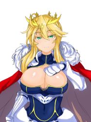 Rule 34 | 1girl, ahoge, artoria pendragon (all), artoria pendragon (fate), artoria pendragon (lancer) (fate), blonde hair, blush, braid, breasts, cape, cleavage, cleavage cutout, closed mouth, clothing cutout, covered navel, crown, fate/grand order, fate (series), french braid, fur trim, gauntlets, green eyes, highres, large breasts, long hair, looking at viewer, saber (fate), smile, solo, sprout (33510539), swept bangs, upper body
