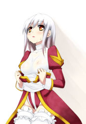 Rule 34 | 1girl, akino sora, blush, breasts, brown eyes, commentary request, covered erect nipples, cowboy shot, grey hair, high priest (ragnarok online), juliet sleeves, leotard, long sleeves, medium breasts, parted lips, puffy sleeves, ragnarok online, see-through, solo, standing, sweat, thighhighs, undressing, white thighhighs