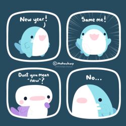 Rule 34 | :d, animal focus, artist name, blush stickers, chibi, collage, english text, fins, happy, mahoukarp, new year, no humans, open mouth, original, shark, smile, speech bubble, standing, talking, twitter username