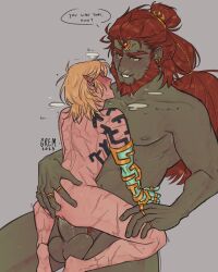 Rule 34 | 2boys, anal fingering, blonde hair, blush, closed eyes, colored skin, earrings, elf, fingering, ganondorf, green skin, gremklin, hair ornament, highres, jewelry, link, multiple boys, nintendo, pointy ears, ponytail, red hair, reverse newhalf, ring, scar, size difference, testicles, the legend of zelda, vaginal, yaoi, yellow eyes
