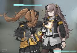 Rule 34 | 2girls, artist name, black gloves, black pantyhose, black skirt, blurry, blurry background, brown hair, closed mouth, cowboy shot, dated, expressionless, fingerless gloves, girls&#039; frontline, gloves, goggles, goggles on head, grey hair, hair between eyes, hair ornament, health bar, highres, hitting, jacket, long hair, looking at another, meme, metal gear (series), metal gear rising: revengeance, mod3 (girls&#039; frontline), multiple girls, night-vision device, one side up, open clothes, open jacket, pantyhose, parody, pleated skirt, raiden punching armstrong (meme), sawkm, scar, scar across eye, scar on face, scene reference, shirt, skirt, twintails, ump45 (girls&#039; frontline), ump45 (mod3) (girls&#039; frontline), ump9 (girls&#039; frontline), ump9 (mod3) (girls&#039; frontline), white shirt, yellow eyes