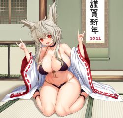 Rule 34 | 1girl, 2022, absurdres, asamura hiori, bare shoulders, bikini, blush, breasts, detached sleeves, double fox shadow puppet, fox shadow puppet, grey hair, highres, huge breasts, long hair, looking at viewer, open mouth, original, red eyes, ribbon-trimmed sleeves, ribbon trim, sitting, smile, solo, swimsuit, wariza, wide sleeves