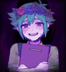 Rule 34 | 1boy, antenna hair, aqua eyes, aqua hair, basil (headspace) (omori), basil (omori), blue overalls, book, collared shirt, crying, crying with eyes open, green shirt, head wreath, highres, holding, holding book, mine a, omori, open mouth, overalls, purple background, shirt, short sleeves, smile, solo, tears, teeth, upper body, upper teeth only