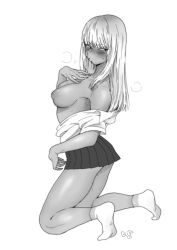 Rule 34 | 1girl, armpits, bare shoulders, blush, breasts, butakun, clothes pull, full body, greyscale, hand on own chest, highres, hime cut, inverted nipples, kneeling, long hair, looking back, medium breasts, miniskirt, monochrome, original, pleated skirt, shirt pull, sidelocks, simple background, skirt, socks, solo, sweat, thighs, white background