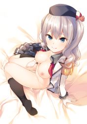 Rule 34 | 10s, 1girl, black socks, blue eyes, blush, breasts, commentary request, epaulettes, female focus, gloves, hat, highres, iku ki, kantai collection, kashima (kancolle), kneehighs, large breasts, long hair, looking at viewer, military, military uniform, miniskirt, nipples, no bra, no panties, open clothes, revision, silver hair, sitting, skirt, unworn skirt, smile, socks, solo, twintails, uniform, wariza, wavy hair, white gloves