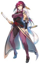 Rule 34 | 1girl, amazuyu tatsuki, animal ears, character name, expressionless, full body, holding, holding sword, holding weapon, long hair, long sleeves, official art, purple hair, sheath, sheathed, solo, sword, unkei (utawarerumono), utawarerumono, utawarerumono: lost flag, weapon