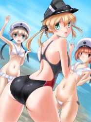 Rule 34 | 3girls, absurdres, anchor ornament, ass, beach, beret, bikini, blonde hair, breasts, green eyes, hat, highres, kantai collection, large breasts, multiple girls, navel, one-piece swimsuit, prinz eugen (kancolle), red eyes, red hair, swimsuit, twintails, yokareto omotte, z1 leberecht maass (kancolle), z3 max schultz (kancolle)