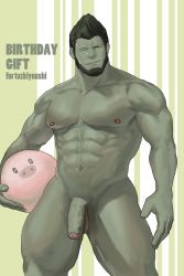 Rule 34 | 1boy, abs, warrior of light (ff14), bara, beard, colored skin, completely nude, dongrandzhu, facial hair, feet out of frame, final fantasy, flaccid, foreskin, gift art, green skin, highres, large pectorals, male focus, mature male, muscular, muscular male, navel, nipples, nude, one eye closed, original, pectorals, penis, pig, roegadyn, short hair, smile, solo, spiked hair, stomach, thick thighs, thighs, uncensored