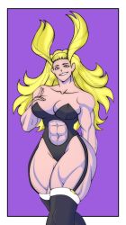 Rule 34 | 1girl, abs, black leotard, black thighhighs, blonde hair, boku no hero academia, breasts, cathleen bate, clothing cutout, flag print, green eyes, hensket, highres, large breasts, leotard, long hair, looking at viewer, muscular, muscular female, playboy bunny, purple background, smile, solo, star and stripe, star and stripe (boku no hero academia), stomach cutout, strapless, strapless leotard, thick thighs, thighhighs, thighs, wide hips