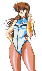 Rule 34 | 1980s (style), 1girl, armlet, blue eyes, bodysuit, bracer, brown hair, brown pantyhose, dangaiou, highres, hirano toshihiro, leotard, long hair, mia alice, official art, oldschool, pantyhose, retro artstyle, simple background, solo