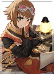 Rule 34 | 1girl, abinosu0903, book, border, brown hair, closed mouth, collarbone, commentary request, crossed arms, eyelashes, goggles, goggles on head, highres, lamp, looking at viewer, open book, outside border, pantyhose, pile of books, red-tinted eyewear, rita mordio, short hair, sitting, smile, smug, solo, tales of (series), tales of vesperia, tinted eyewear, transparent border, white-framed eyewear, white pantyhose