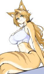 1girl animal_ears bare_shoulders blonde_hair breasts cat_ears cat_girl cat_tail cleavage furry furry_female green_eyes highres large_breasts long_hair looking_at_viewer pulchra_fellini smile solo tail thighs yellow_fur zantyarz zenless_zone_zero